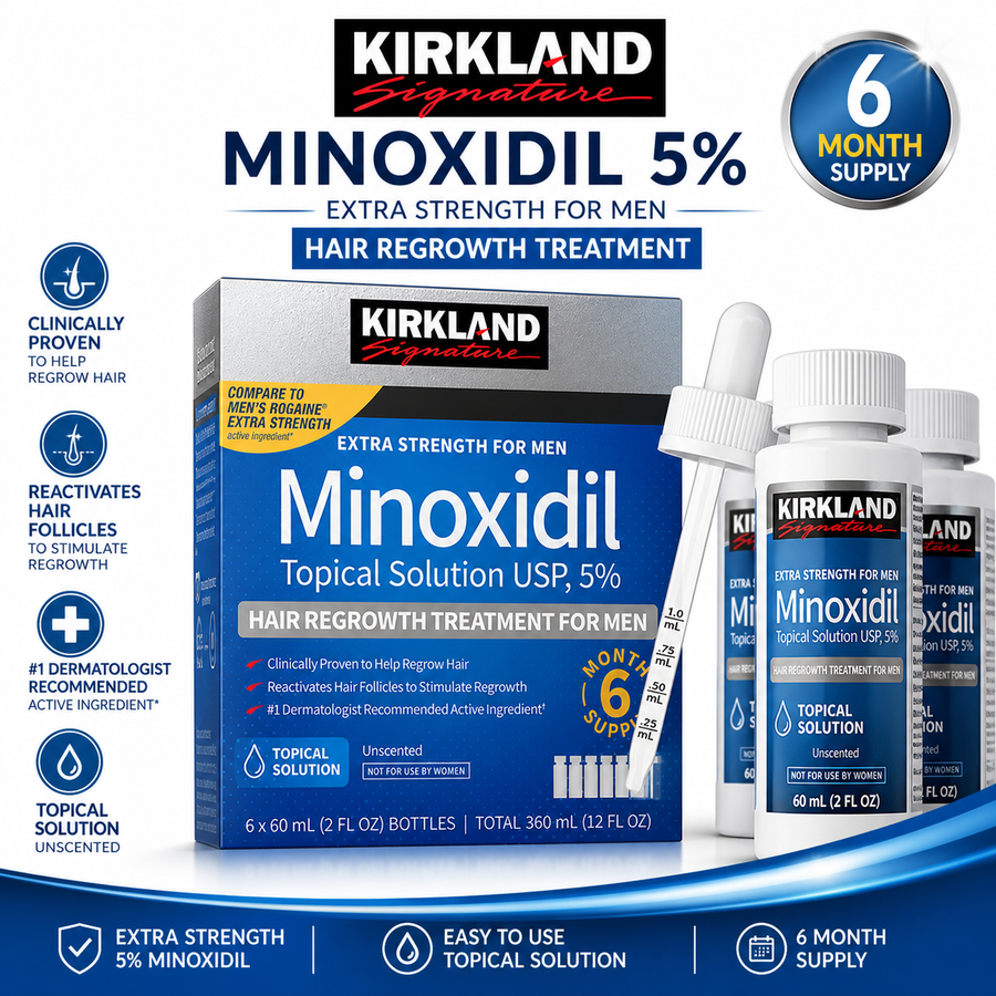 Kirkland Minoxidil 5% Extra Strength Hair Regrowth Treatment for Men 6 Bottles (6 Month Supply)